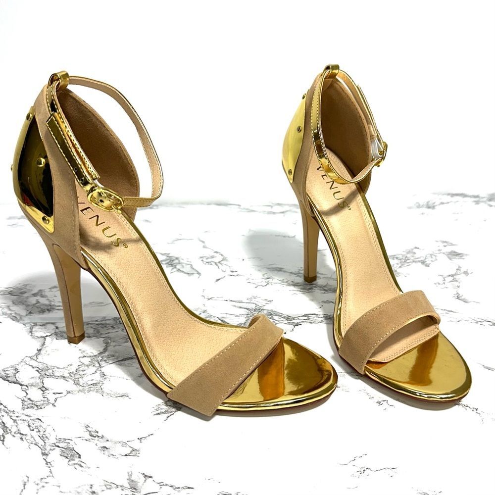 NEW VENUS Gold Tan Beige High Heel Pumps Open Toe Sandal